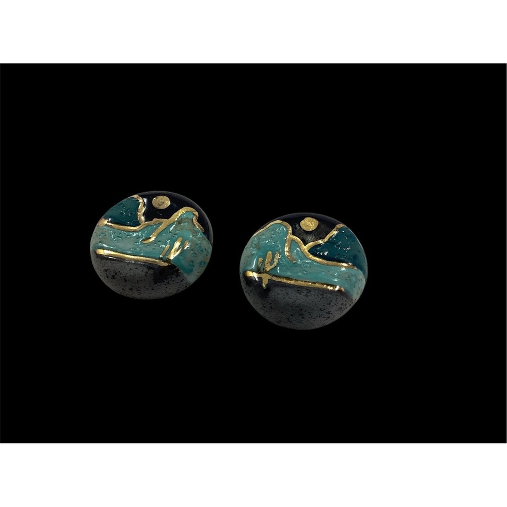 80's Vtg Handpainted Ceramic Cactus Desert Scene Pierced Earrings Turquoise/Gold